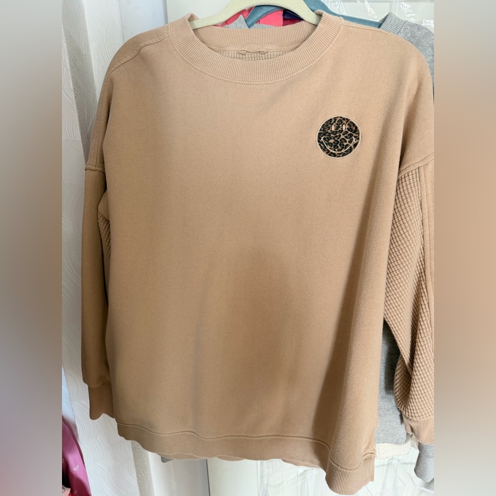 Aerie Tan Crew Neck Sweater with Leopard Accent
